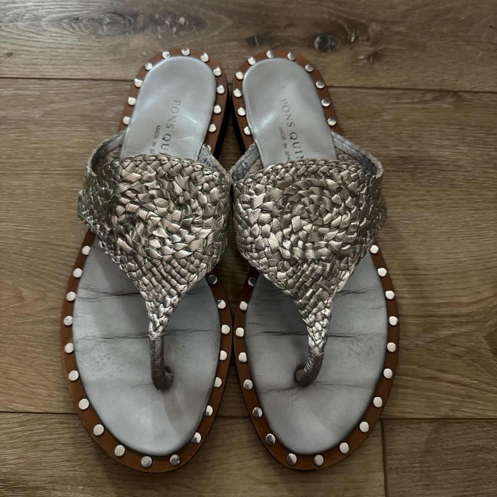 Pons Quintana Silver Braided Sandals with Pearl Accents